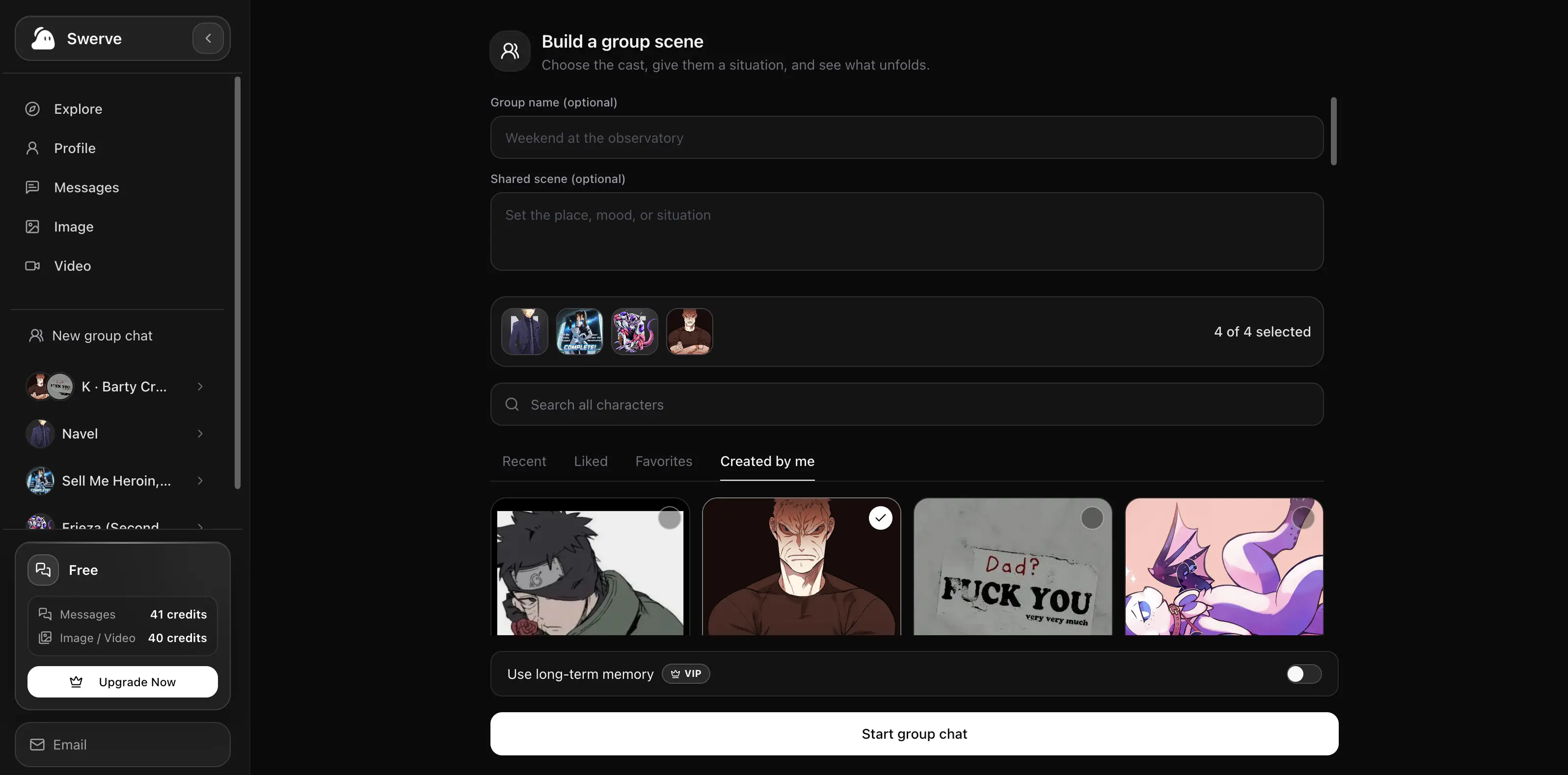La pantalla de creación de chat grupal de Swerve: un reparto seleccionado sobre una biblioteca de personajes buscable.