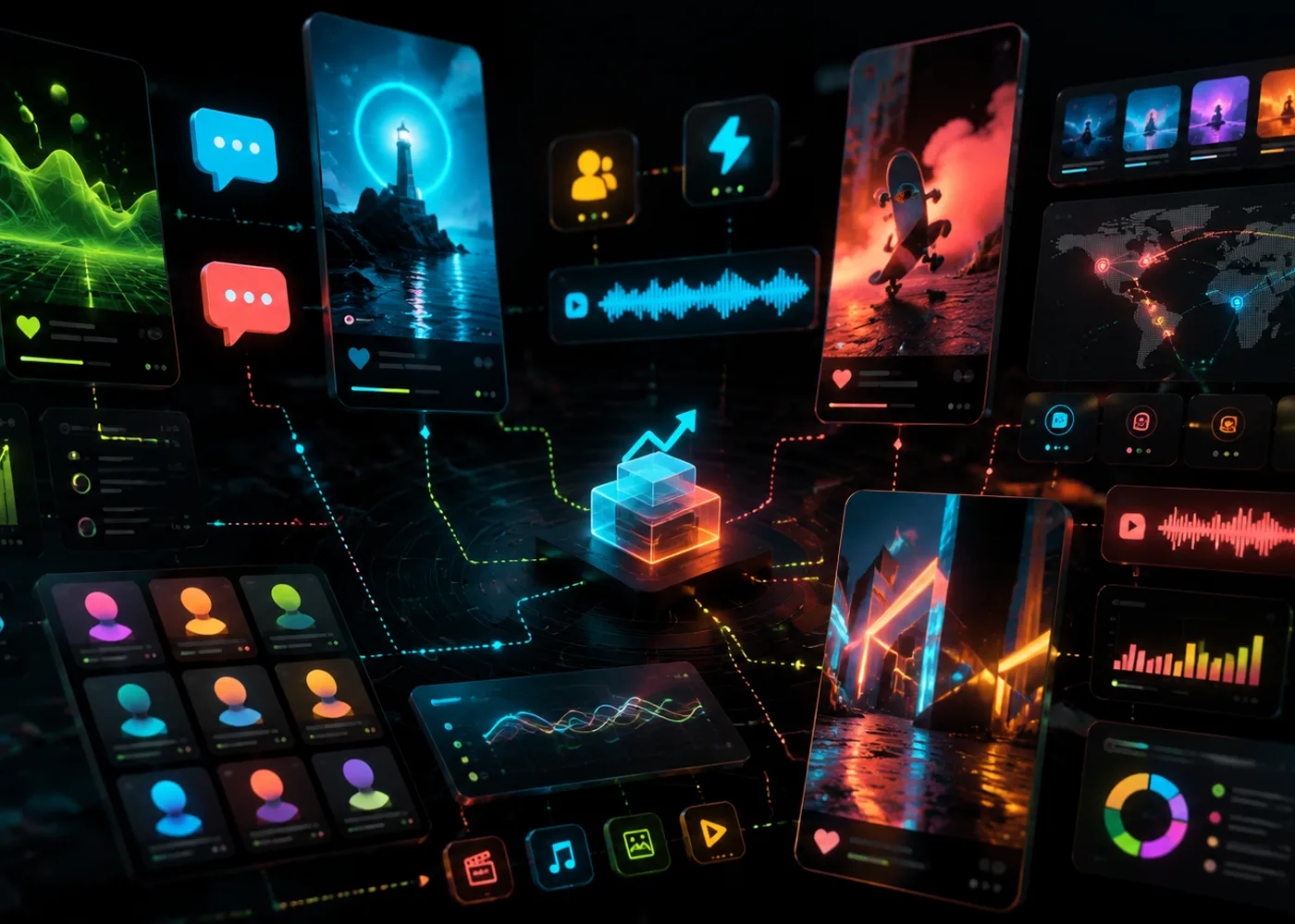 Creator-Studiotisch mit KI-Musik-Dashboard, Audio-Timeline und Social-Publishing-Panels
