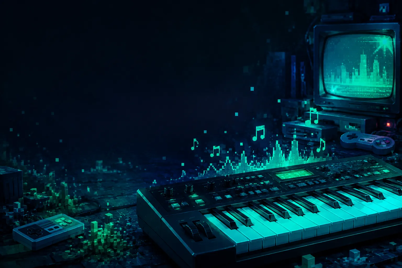 Retro pixel arcade room with glowing synthesizer keys and chiptune music energy