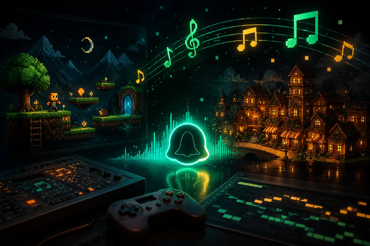 Retro pixel game scenes and arcade soundtrack visuals for chiptune creator projects