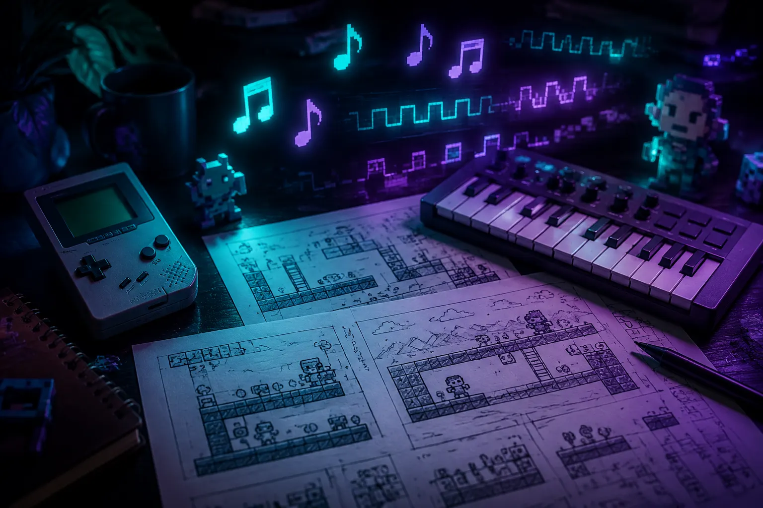 Pixel game level planning desk with retro music notes and chiptune prompt inspiration