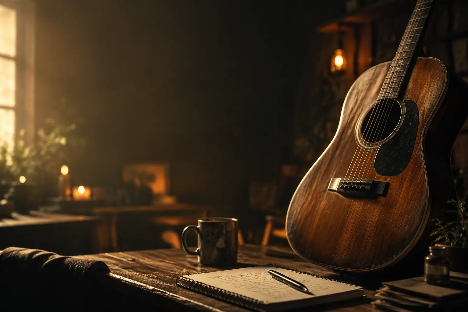 Acoustic guitar in a cozy room with warm lighting