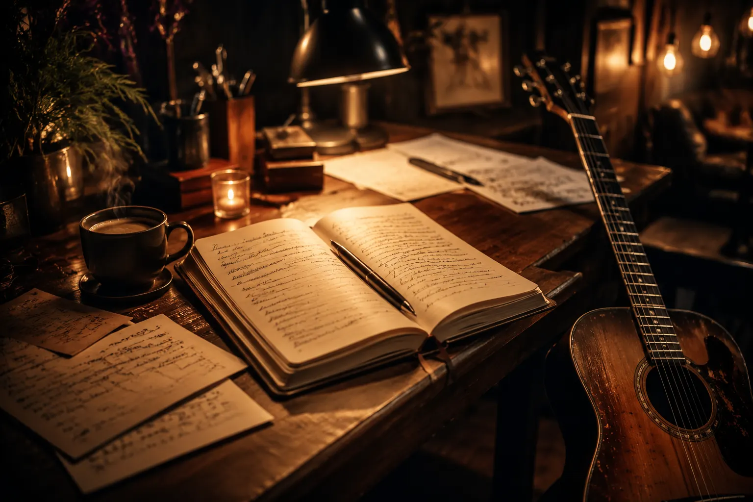 Songwriting notebook with acoustic guitar and coffee